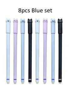 4支/套猫咪图案可擦凝胶笔，0.5mm魔力墨水，蓝黑配色，带橡皮擦，创意学生文具，返校用品 - 套裝 - 查看 11