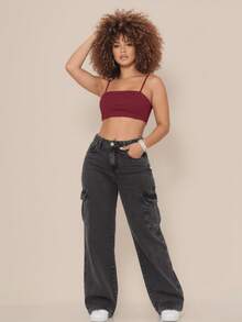 Cargo 2 Pocket Graphite Wide Leg Women's High-Waisted Jeans Without Lycra - Dark Grey - View 3