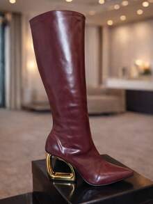 Women's High-Top Boot With Medium Geometric Gold Heel And Metal Metal Heel, Autumn/Winter Festival 2026 - Gỗ đỏ - Xem 6