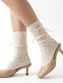 2 Pairs Cream Mesh Socks With Butterfly Ribbon Side, Fashionable Matching Hollow Heart Mid-Calf Socks, Aesthetic For Spring/Summer - White - View 7