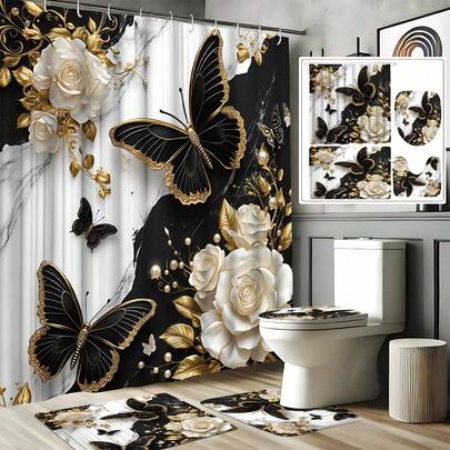 1/4 Set Of Fashionable Marble-Effect Butterfly Shower Curtain Set, Bathroom Decorations And Accessories, Anti-Slip Bathroom Floor Mat, U-Shaped Carpet, Toilet Seat Cover, 70.9*70.9in Shower Curtain Cord, 12 Durable Hooks, Exquisite Holiday Gift