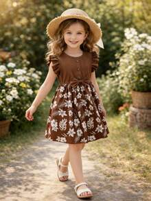女童甜美公主连衣裙，咖啡色罗纹短袖，喇叭袖设计，前襟纽扣装饰，蝴蝶结腰带，印花喇叭裙摆，适合生日及日常穿着 - 咖啡棕 - 查看 2