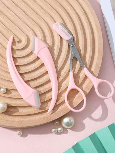 Stainless Steel Curved Eyebrow Razor Eyebrow Scissors Set With Comb, Suitable For Beginners Of Any Skin Type, Unisex Beauty Tool, Applicable For Makeup, Bedroom Decor, Vanity, Travel, Bedroom, Cosmetic Tools, Christmas Gift