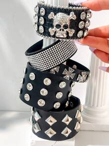 1 pieza Brazalete de estilo punk gótico mixto con diseño de broche abierto y detalle de cruz con strass - Multicolor - Ver 4