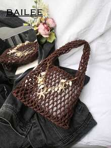 BAILEE 1 Set Polyester Crochet Mesh Bottom Multi-Color Solid Knitted Tote Bag, Quilted Pattern, Lightweight Portable Large Capacity Cute Fashion Beach Bag, Suitable Women, Young Professionals, Teachers/Girls - 咖啡 - 查看 7