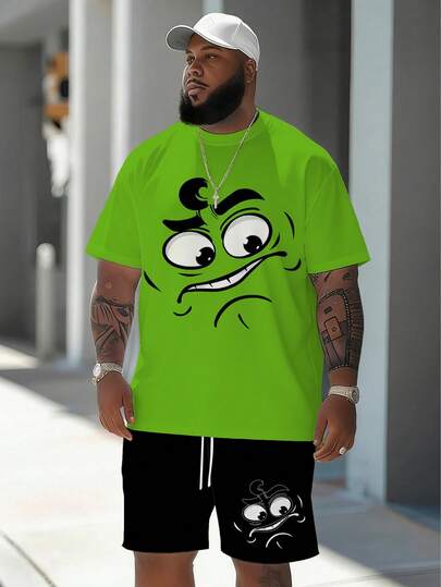 Conjunto deportivo casual de hombre con diseño de serie de dibujos animados "Cabello rizado y expresión divertida" - Tela de punto de poliéster, diseño de cuello redondo, con pantalones cortos con cordón, detalles de bolsillo, ajuste regular, adecuado para tallas grandes