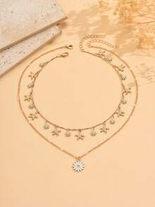 两件套女孩甜美雏菊吊坠项链套装，可爱海滨风海星流苏饰品，适合日常佩戴、海滩约会、度假旅行。项链长度可定制，海星和花朵数量可能有所不同。 - 彩色 - 查看 2