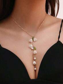 1pc Elegant Long Lily Flower & Pearl Tassel Necklace For Women, Suitable For Daily Wear And Vacation - Nhiều màu - Xem 4