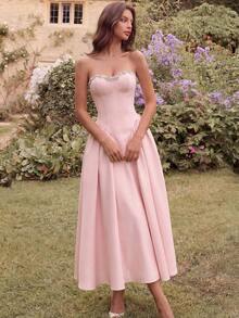 优雅奢华手工串珠心形领高腰露背系带A字中长款派对礼服，适合舞会、生日派对、正式晚宴、约会、返校节、婚礼宾客、正式晚宴、家庭聚会等多种场合。 - 淺粉色 - 查看 8