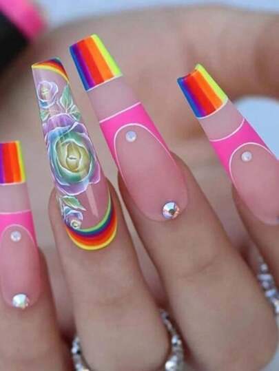 24pcs Press On Nails Medium Long Coffin French Nails Y2k Pink Nails Romantic Diamond Reusable Press On Acrylic Nails Fake Nails Supplies Free Of 24 Pieces Of Jelly Tabs And A Mini File