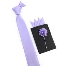ZONFAZ 3pcs Men's Solid Color Business Fashion Satin Tie, Straight Insert Pocket Square, Brooch Suit Set, Suitable For Men's Wedding, Party, Event Attire - Purple - View 2