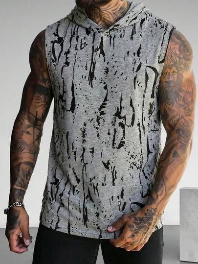 Men's Sleeveless Hooded Casual Vintage Graffiti Print Street Style Tank Top, Suitable For Summer Fitness & Sports