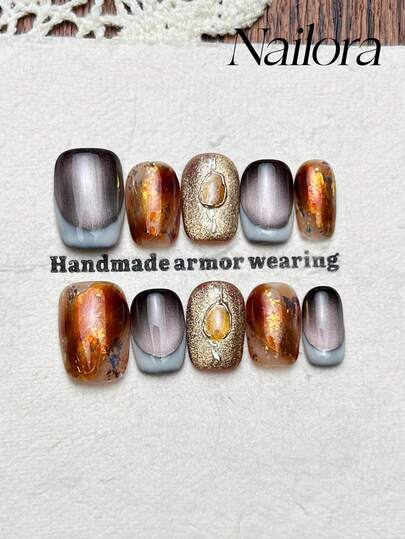 10pcs Handmade Nails Square Nails Acrylic Press On Nails Short Nails, Gentle Brown,Grey Nails Gradient, Flashy Cateye, French Tip Nail, Gold Foil, Simple Elegant Luxury Spring Nails, Summer Press On Nails, Versatile Nails DIY False Nail Art Party Daily & Dating Use Beach Tropical Getaway Suitable Reusable, For Women & Girls As Gift Nail Supplies