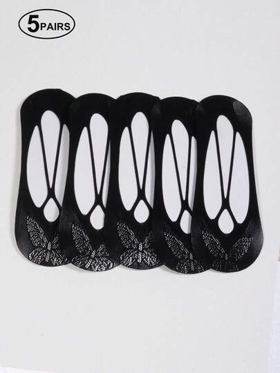 5 Pairs Hollow Butterfly Invisible Liner Socks, Shallow Lace Anti-Slip Silicone Non-Slip Short Socks, Breathable Thin Invisible Socks For Spring & Summer