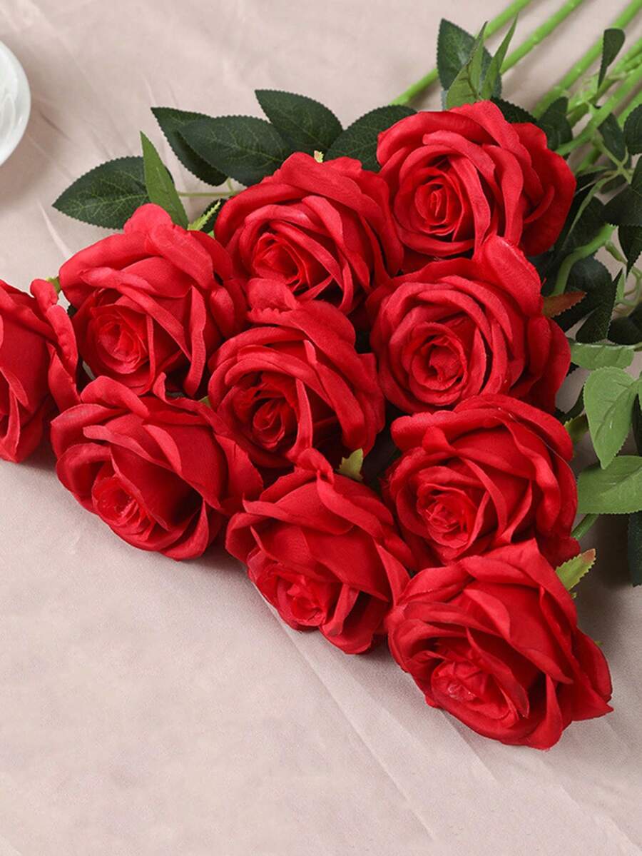 12/6 piezas Rosas rojas artificiales con tallos largos, flores falsas de tacto real para el Día de San Valentín, ramos de boda, centros de mesa de fiesta, decoración del hogar (Rojo) - Rojo - Ver 1