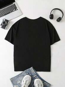 Camiseta Casual Minimalista para Mujer con Estampado de Gestos de Mano, Corte Holgado, Cuello Redondo, Manga Corta, Ligeramente Transparente, Adecuada para Otoño y Verano - Negro - Ver 3