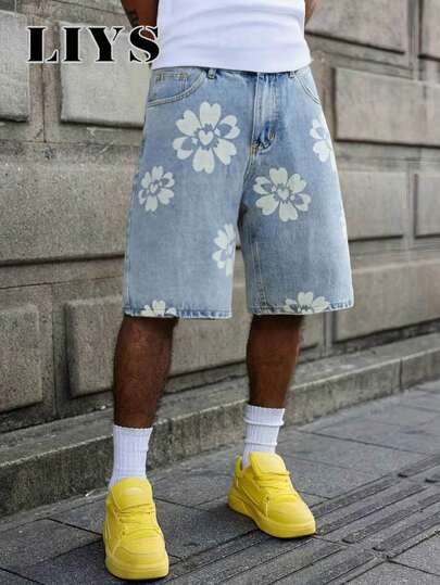 1pc Floral Print Fashionable Wide-Leg Men's Denim Shorts, Y2K Casual Elegant Unisex Bermuda Jeans Shorts