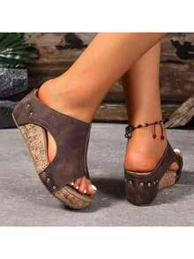 [Vintage Slippers]Elegant High-Quality Women's Slippers With Thick Soles And Wedge Heels, Featuring A Retro Style And Comfortable Design, Single-Foot Sandals. - 咖啡棕 - 查看 5