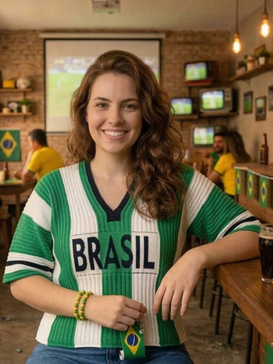 Camiseta Listrada Brasil Copa do Mundo Feminina Tricot Modal Canelado Decote V Manga Curta Verão