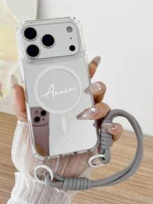 Personalized Custom Name Embossed Letter Four-Corner Mirror Short Rope Shockproof Protective Phone Case, Compatible With Iphone 18 Pro Max 17 Pro Max 17 Pro 17 16 15 14 13 12 11 Pro Max 16 15 Plus - Silver - View 4