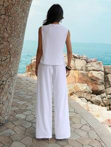 PoPoHouse 女士 100% 纯棉两件套，无袖纽扣门襟上衣搭配宽松阔腿裤，适合日常休闲办公通勤、夏季海滩度假外出穿着，白色套装 - 白色 - 查看 2