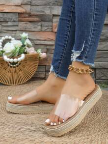 Women's Transparent Woven Thick Bottom Sandals - Open Toe Platform Wedge Slippers - Casual Summer Beach Holiday Flat Sandals - Bohemian Style Comfortable Slip-On Mules - Clear - View 3