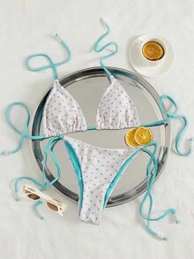 Bộ bikini nữ mới, thích hợp cho lễ hội âm nhạc, bãi biển, chấm bi, viền ren, đính hạt, kiểu dây buộc cổ hai bên, lót trong, gợi cảm, tối giản, lãng mạn, thường ngày, dự tiệc, kỳ nghỉ, thời trang mùa hè cho nữ, đi nghỉ mát. - Màu xanh Cadet - Xem 3