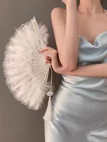 Chinese Traditional Style Feather Fan Cheongsam Female Fashion Show Folding Fan Hanfu Black Lace Fan Dance Fan Retro Chinese Fan, Classical Lolita Lace Fan Cheongsam Fashion Show Photo Folding Fan Dark Style Lace Fan Photo Props - B - View 4