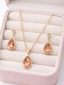 Elegant Salmon-Colored Gold And Silver Necklace And Drop Earrings Set - Vàng - Xem 1