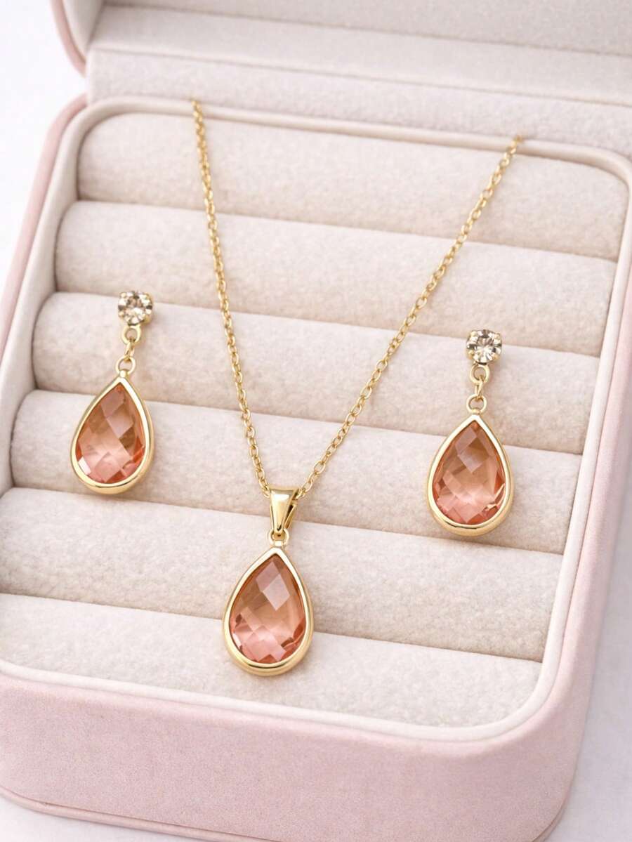 Elegant Salmon-Colored Gold And Silver Necklace And Drop Earrings Set - Vàng - Xem 1
