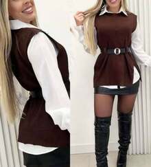2-Piece Set: Long-Sleeved Dress Shirt + Ribbed Knit Vest With Side Slit And Belt - 棕色 - 查看 1