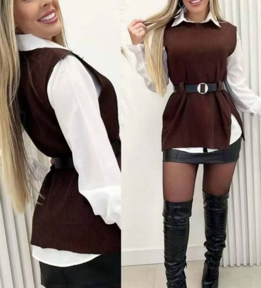 2-Piece Set: Long-Sleeved Dress Shirt + Ribbed Knit Vest With Side Slit And Belt - 棕色 - 查看 1