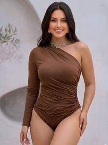 Women's One-Shoulder Bodysuit In Suplex Fabric, With Lining, Side Draping, Elegant Pleated Detail, Comfortable - 鏽棕色 - 查看 1