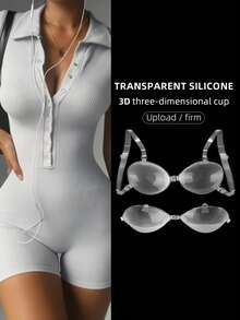 1 Pair New 3D Transparent Silicone Adhesive Bra With Detachable Clear Straps, Push Up Invisible Sticky Bra For Swimwear, Wedding & Backless Dresses - Multicolor - View 1