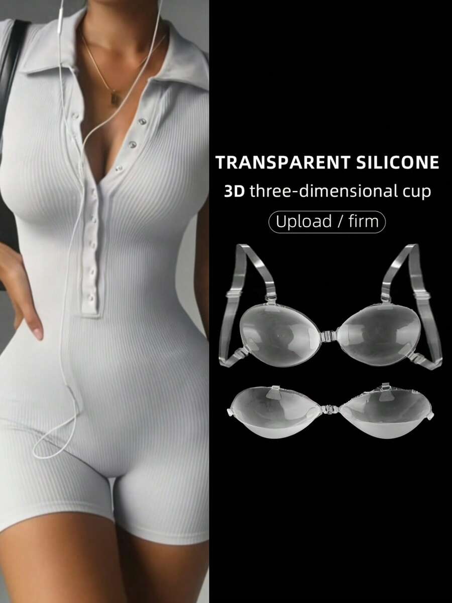 1 Pair New 3D Transparent Silicone Adhesive Bra With Detachable Clear Straps, Push Up Invisible Sticky Bra For Swimwear, Wedding & Backless Dresses - Multicolor - View 1
