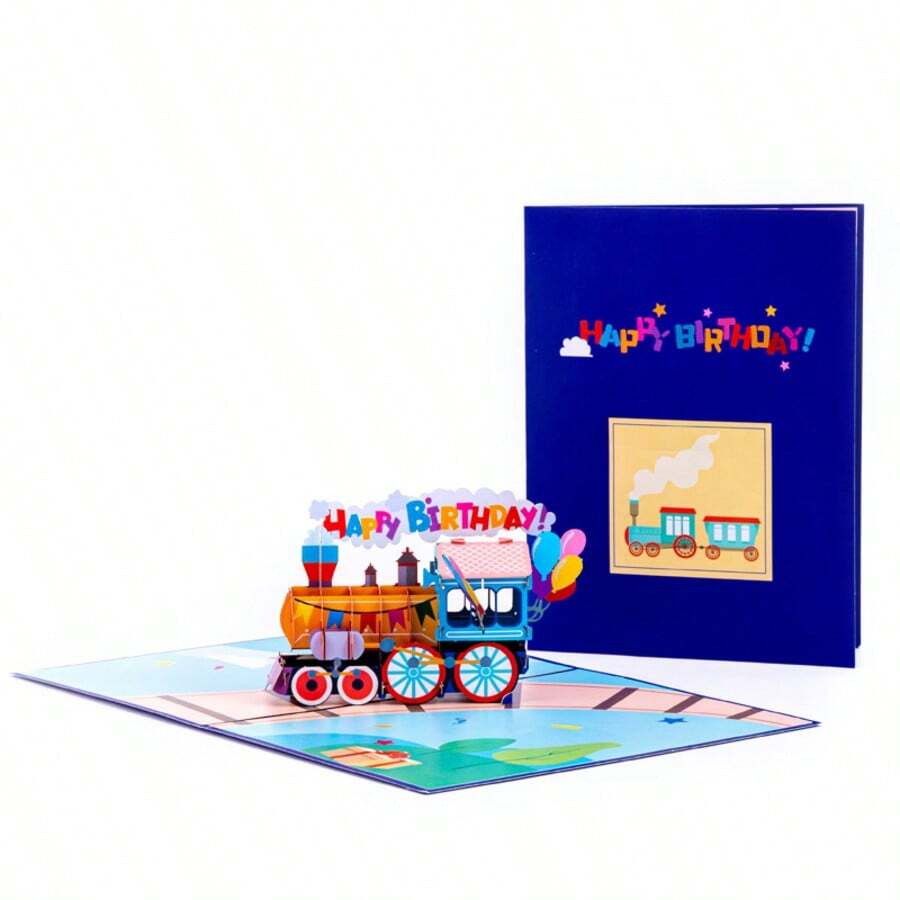 2张创意3D火车造型生日贺卡，3D立体纸艺贺卡，送给朋友、同学、家人的贺卡