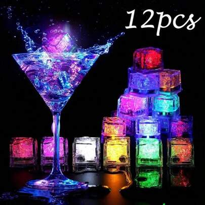 12个/套 多色LED闪光冰块，可重复使用且防水，适用于派对、婚礼、酒吧、俱乐部、家居装饰，采用耐用材料制成