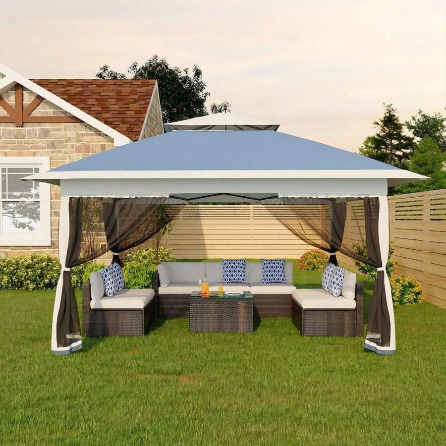 Cenador plegable de 3x3 m, carpa de jardín con doble techo y mosquitera, incluye 4 sacos de arena y bolsa de transporte. Carpa instantánea, altura regulable, ideal para jardín y eventos. - Azul Marino - Ver 1