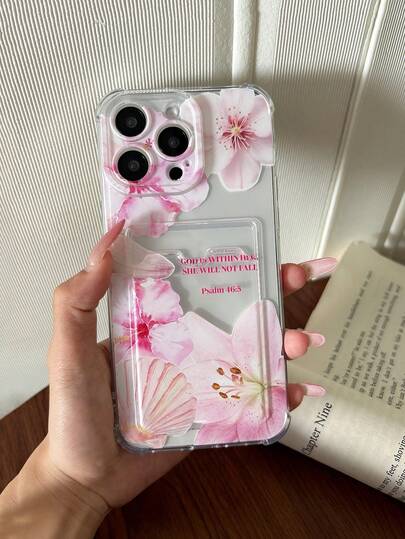 Pink Lotus Healing Style Phone Case With Card Slot, Compatible With IPhone 11/17/17pro/13/14/15/15pro/15 Plus/15 Promax/16/16pro/16plus/16promax/7plus/8plus/X/Xs Max/Xr/17Air/12pro/13pro/14pro/17Promax/13mini/11promax/12promax/13promax/14promax/14plus/6/6s/6plus/7/8/Se/17proMax Transparent Card Holder Protective Cover
