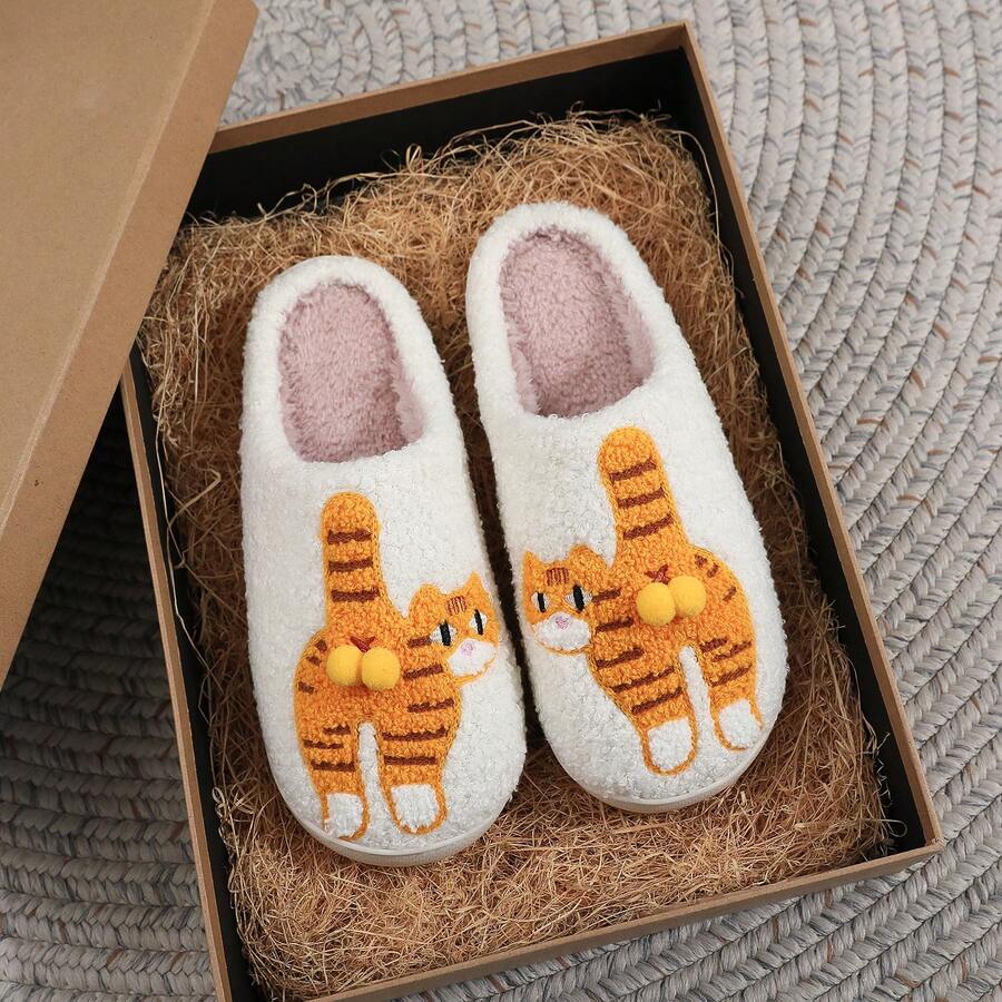 1 đôi dép bông trắng thêu hình mèo hoạt hình dễ thương, thích hợp cho cả nam và nữ, kiểu dáng mềm mại, ấm áp, thích hợp mang trong nhà vào mùa thu/đông, lý tưởng làm quà Giáng sinh cho gia đình. - trắng - Xem 1