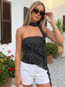 Women's Dot Print Tube Tops With Neckband Ruffle Asymmetrical Hem Summer Strapless Crop Bandeau - 黑色 - 查看 3