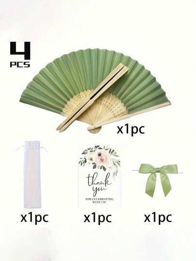 Her/His Gift Green Wedding & Birthday Fan Set, Folding Fan With Green Bow Tie, Comes With Card And Sheer Bag, Ideal For Wedding And Birthday Party Decor, Bridal Gift, Birthday Party Gift