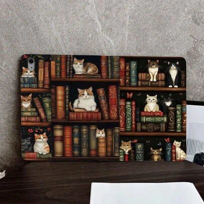 1 Vintage Bookshelf Cats Printp Table Case - Multi-Angle Stand Protective Cover With Pen Holder Compatible With IPad Pro (M5)/ Air (M3)/ 11"(A16)/ 10.9/10.2/ Air 5th Gen/Pro11/10th/9.7/Air 2/ (7th Gen)/ (8th Gen)/ Air 4/5/ Pro 11/ 10th Generation 10.9-Inch 2022 Smart Case/ Air 13(M3 2025)/ Air 11(M3 2025)/ Air 11(M3 2025)/ 11(A16 2025)/Galaxy Tab S10+/S9/A9, Auto Sleep/Wake Function Compatible With Xiaomi 6/6pro/7/7pro