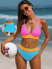 popvil Women 3PCS Colorblock Bikini Set Cross Back Tie Back High Waisted Swimwear With Skirt For Summer Vacation - Multicolor - View 1