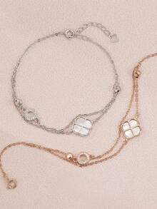 1 Peça Pulseira de Prata Esterlina S925 de Duas Camadas com Trevo de Quatro Folhas da Sorte, Joia Minimalista e Única com Círculo Oco no Estilo Ins, Adequada para Meninas, Presente de Joia da Moda para Formatura, Aniversário, Melhor Amiga - Trevo de quatro folhas - Visão 8