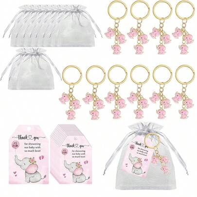Bộ quà tặng tiệc mừng em bé: Móc khóa hình voi trang trí, kèm thiệp cảm ơn và túi vải organza, thích hợp cho tiệc mừng em bé, tiệc tiết lộ giới tính, các ngày lễ và các dịp trang trí khác.