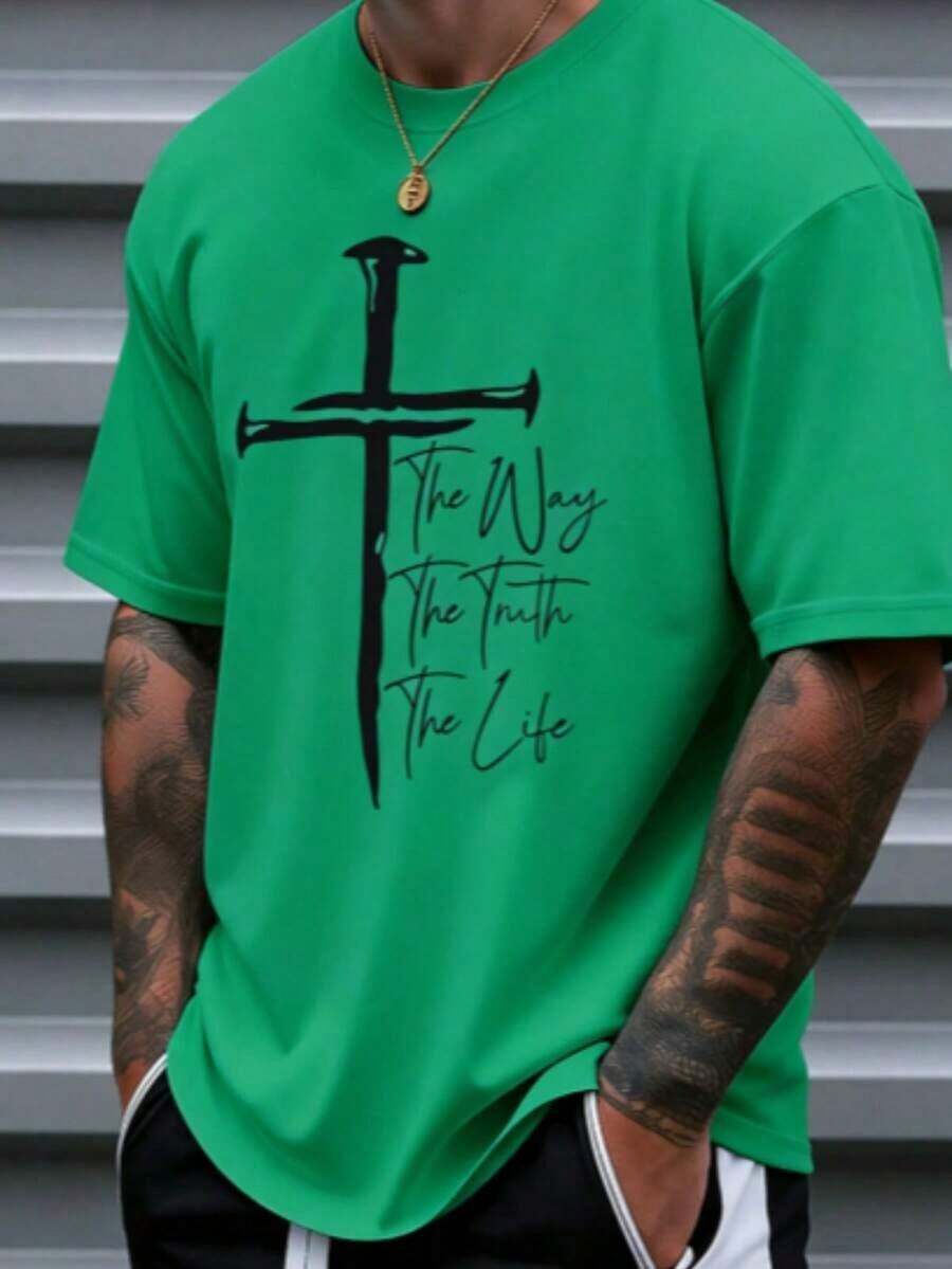 Men's Christian Faith Graphic T-Shirt - The Way The Truth The Life Cross Design, % Cotton Breathable Regular Short Sleeve T-Shirt, Suitable For Spring Summer Casual And Outdoor Wear, Religious Theme Clothing, Casual Wear Bold Graphic T-Shirt Comfortable Style, Christian T-Shirt - Unisex Plus Size Top - 綠色 - 查看 1
