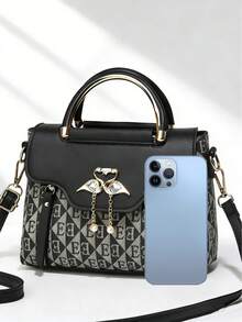 PIANEE 可爱火烈鸟装饰迷你包 - 单肩斜挎包，配有印花珍珠吊坠和可拆卸金属链肩带，女士派对和约会礼物 - 黑色 - 查看 6