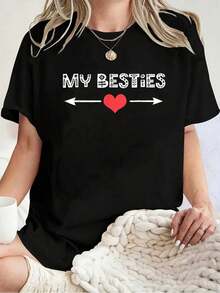 Camiseta 100% Algodón Unisex "My Besties BFF Mejores Amigos" con Diseño de Flecha Doble Izquierda-Derecha, Camiseta de Manga Corta con Cuello Redondo Estampado - Negro - Ver 1