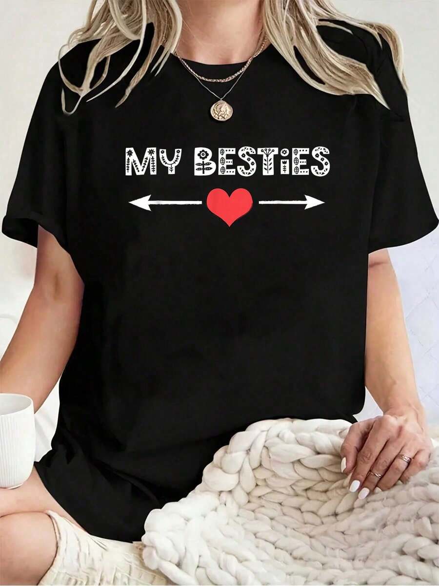 Camiseta 100% Algodón Unisex "My Besties BFF Mejores Amigos" con Diseño de Flecha Doble Izquierda-Derecha, Camiseta de Manga Corta con Cuello Redondo Estampado - Negro - Ver 1